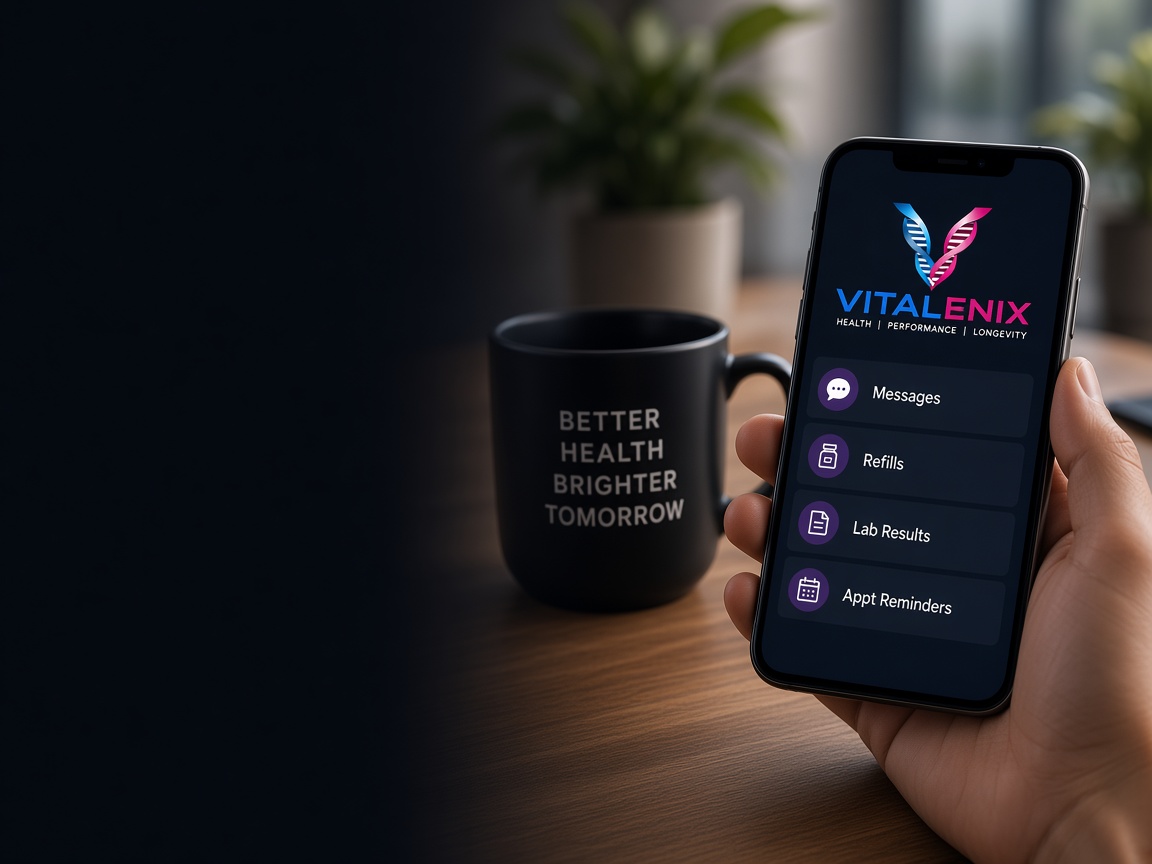 Patient portal on a phone beside a Better Health Brighter Tomorrow mug